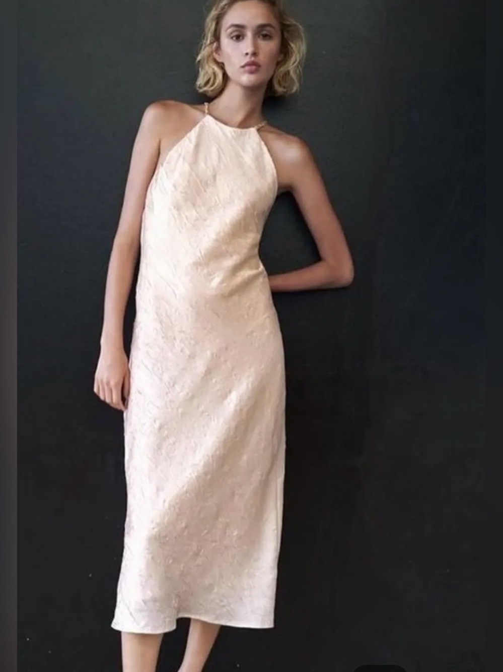 Zara Womens Satin Sheath Slip Dress Beige Champagne High Neck Mid-Calf Button S
